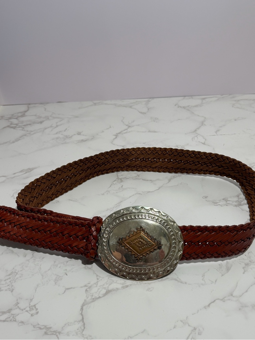 Vintage Woven Brown Leather Belt with Decorative Silver-Tone Buckle - M - Picture 4 of 8